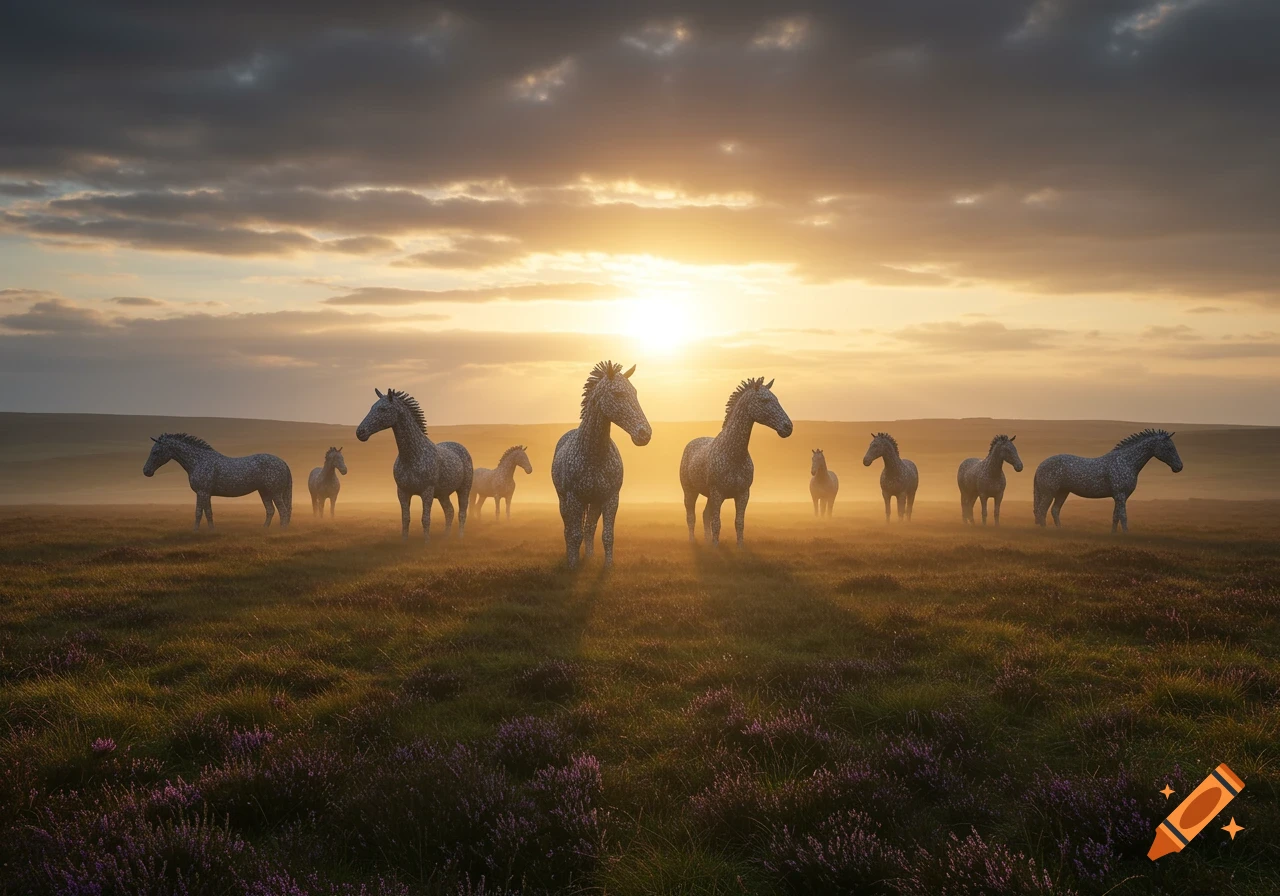 Stone horse statues stand in a misty, heather-filled field at sunrise.