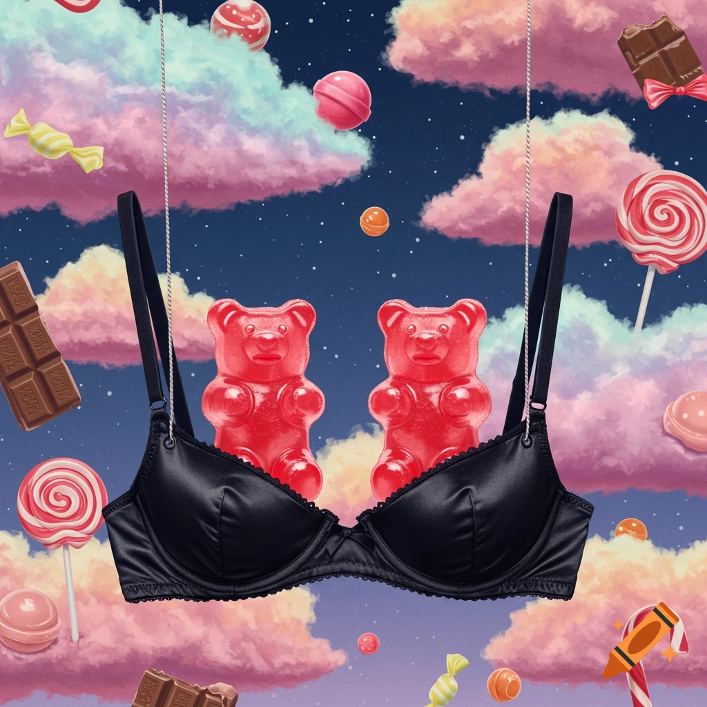 A black bra holds two red gummy bears, suspended in a surreal sky filled with pink clouds, stars, and various colorful candies.