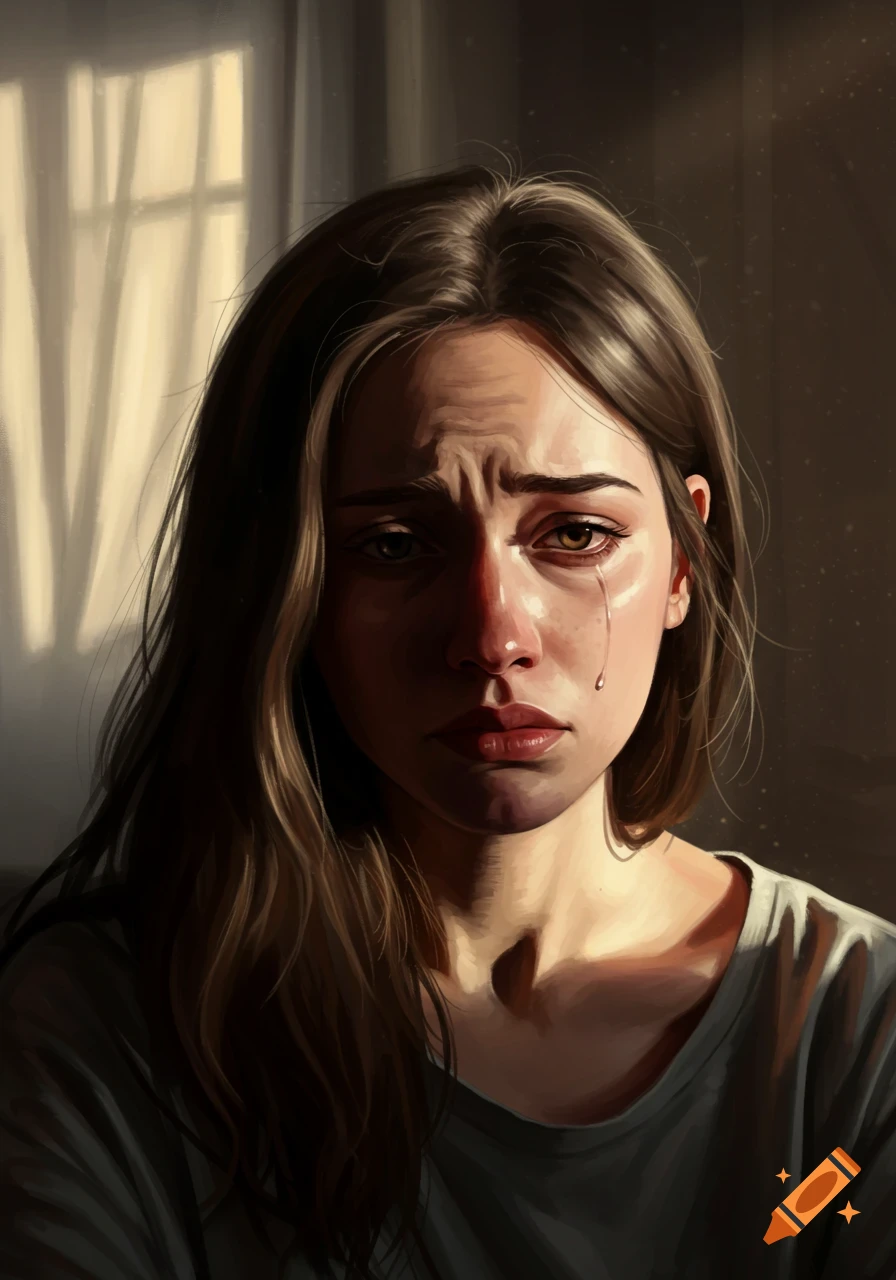 Close-up portrait of a woman crying with a tear on her cheek, expressing sorrow, with dramatic lighting from a window.