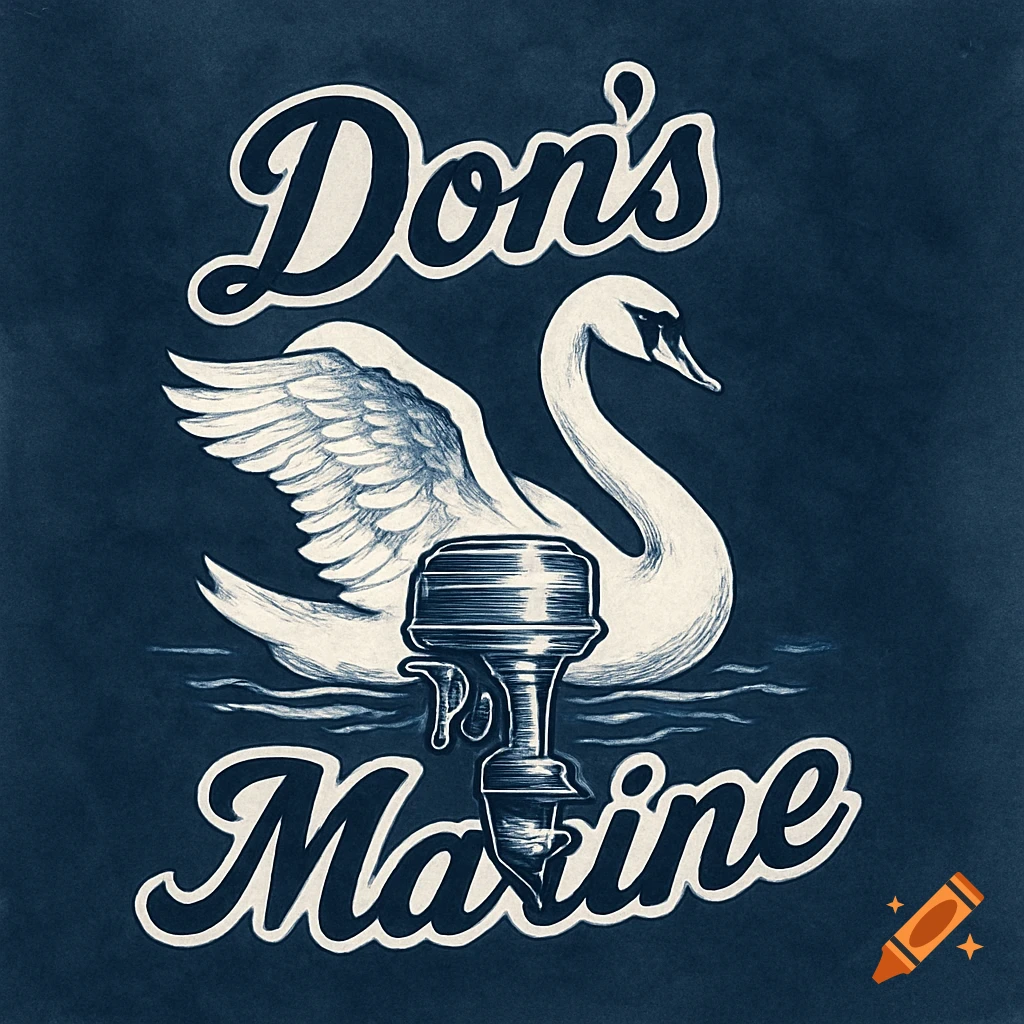 A vintage-style logo for Don's Marine featuring a white swan and an outboard engine on a dark blue background.