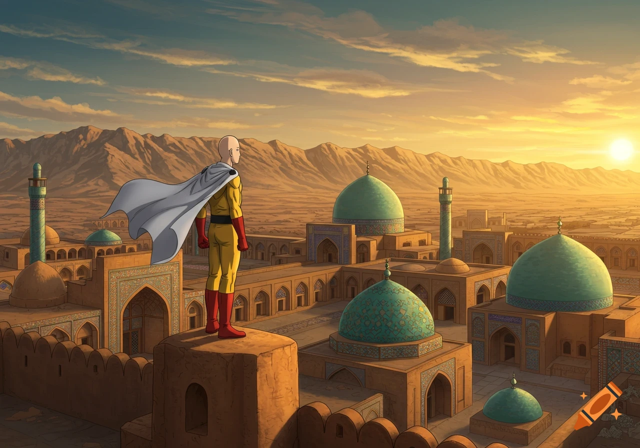 Saitama, from One-Punch Man, stands on a rooftop overlooking a desert city with domes and minarets at sunset.