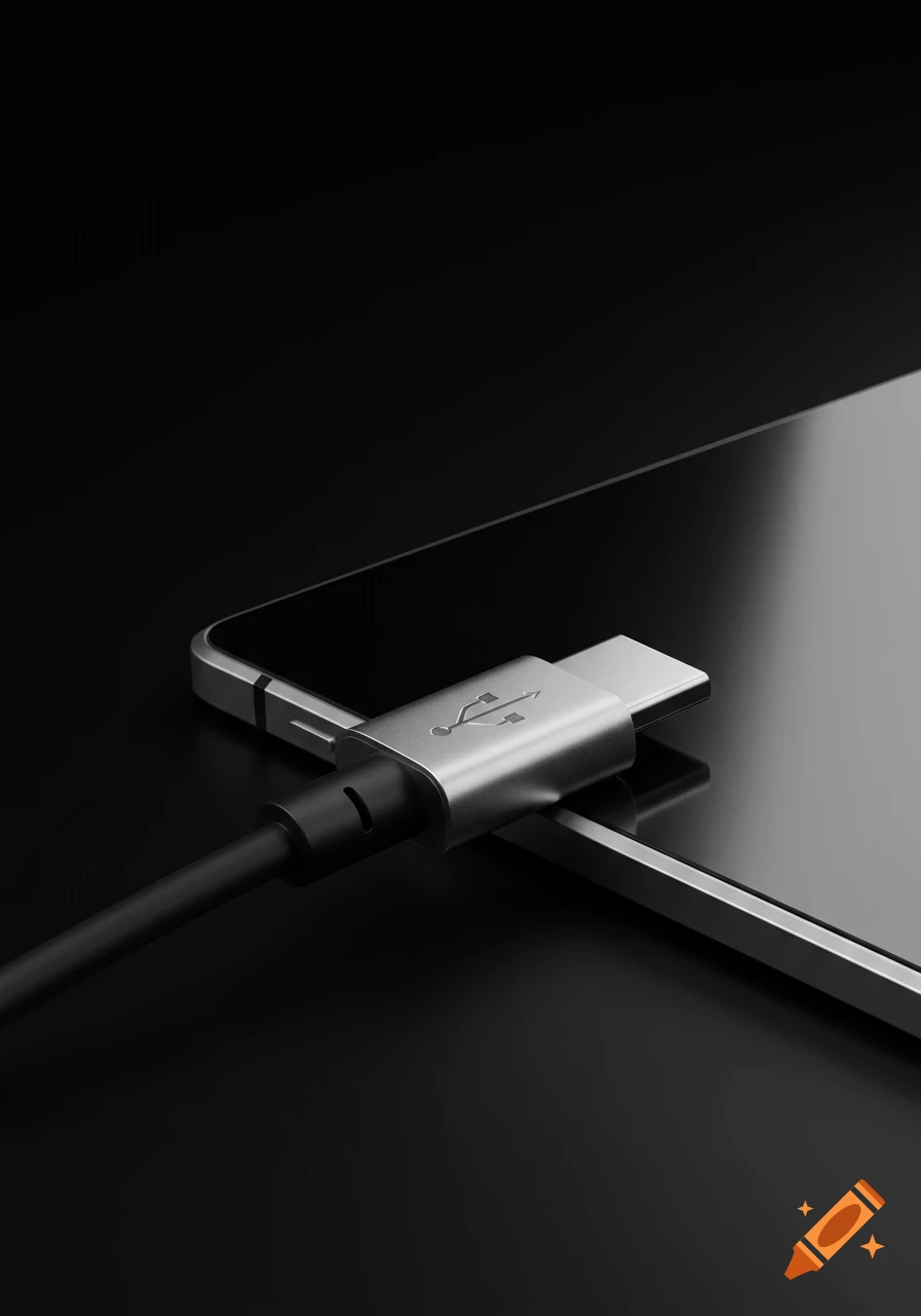 Close-up of a silver USB-C cable plugged into a dark tablet against a black background, photorealistic style.