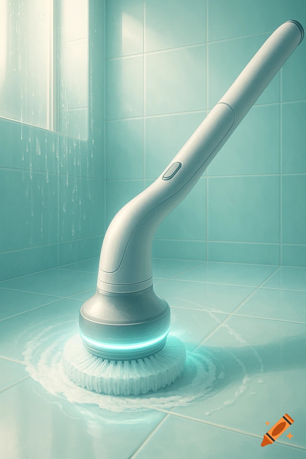 An electric spin scrubber with a glowing blue base, cleaning a light blue tiled shower floor with suds, water dripping on the wall.