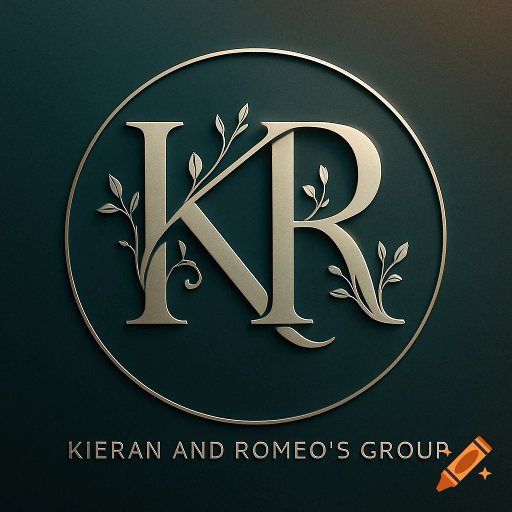 Gold metallic 'KR' monogram with leaves inside a circle, above 'KIERAN AND ROMEO'S GROUP' on a dark teal background.
