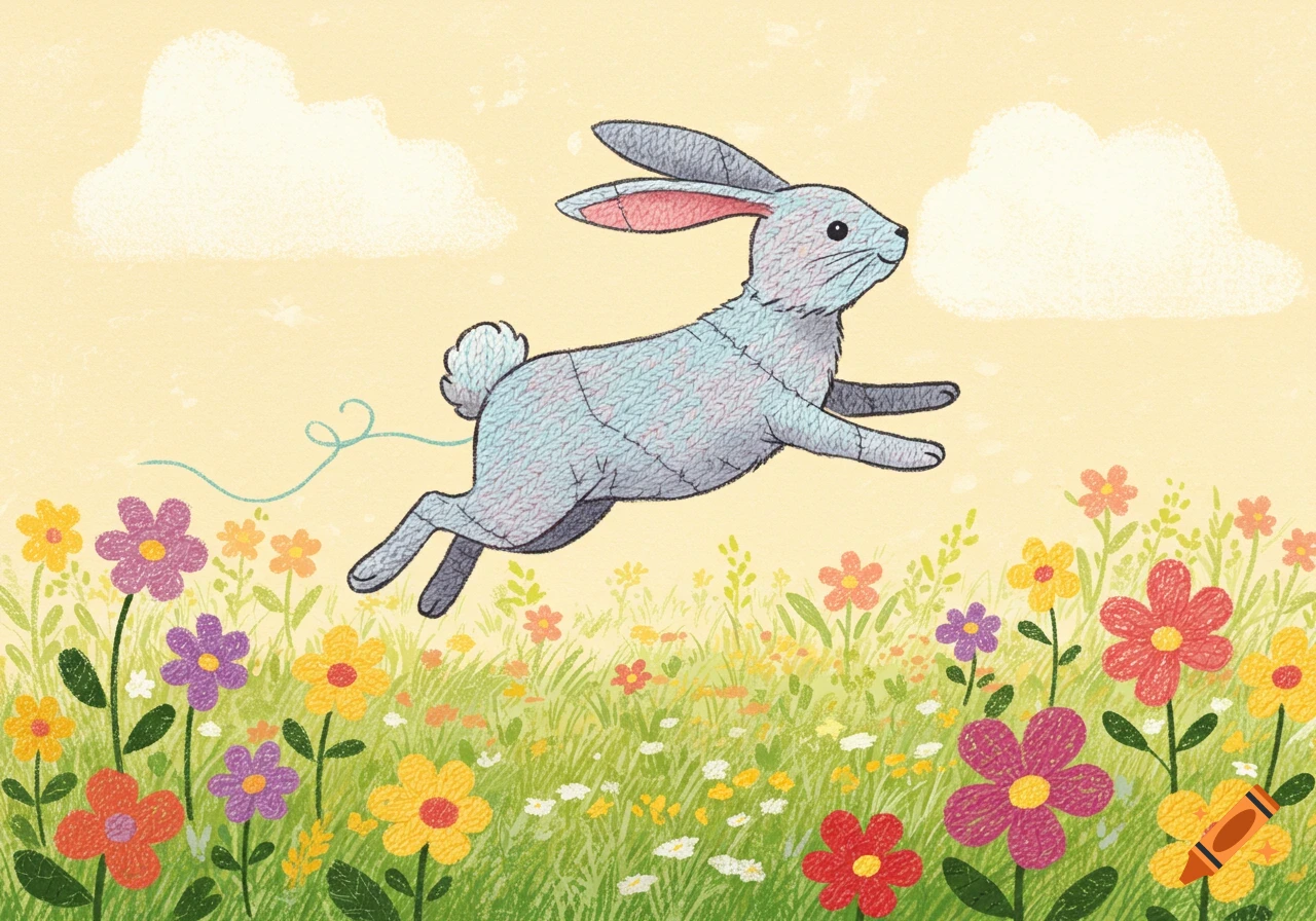 A cartoon-style drawing of a knitted rabbit jumping through a field of colorful flowers under a bright sky.