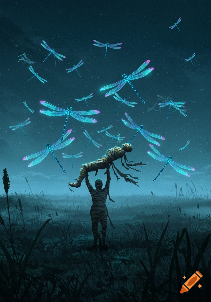 A wrapped figure lifts another mummy in a misty, moonlit field as glowing neon dragonflies fly above.
