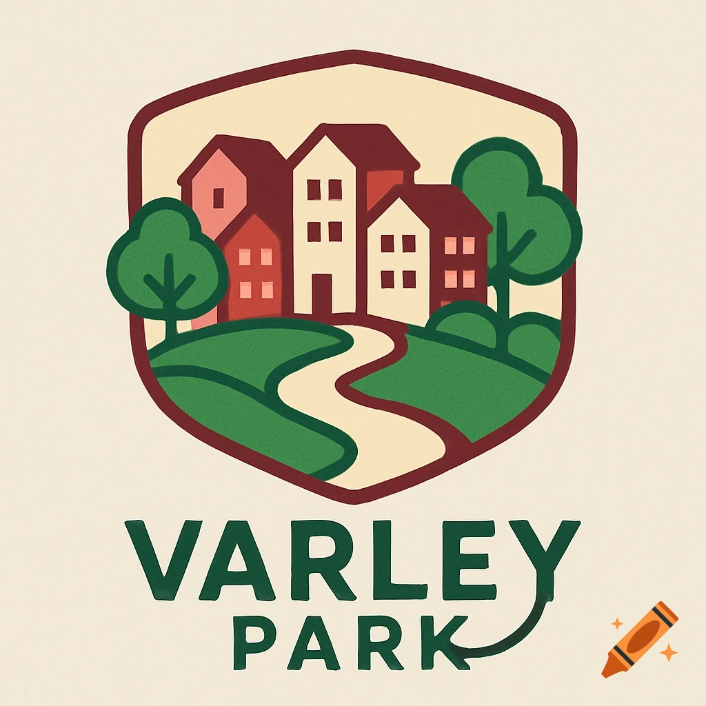 A stylized logo in a shield shape, featuring houses, trees, and a winding path, with 'VARLEY PARK' text below.
