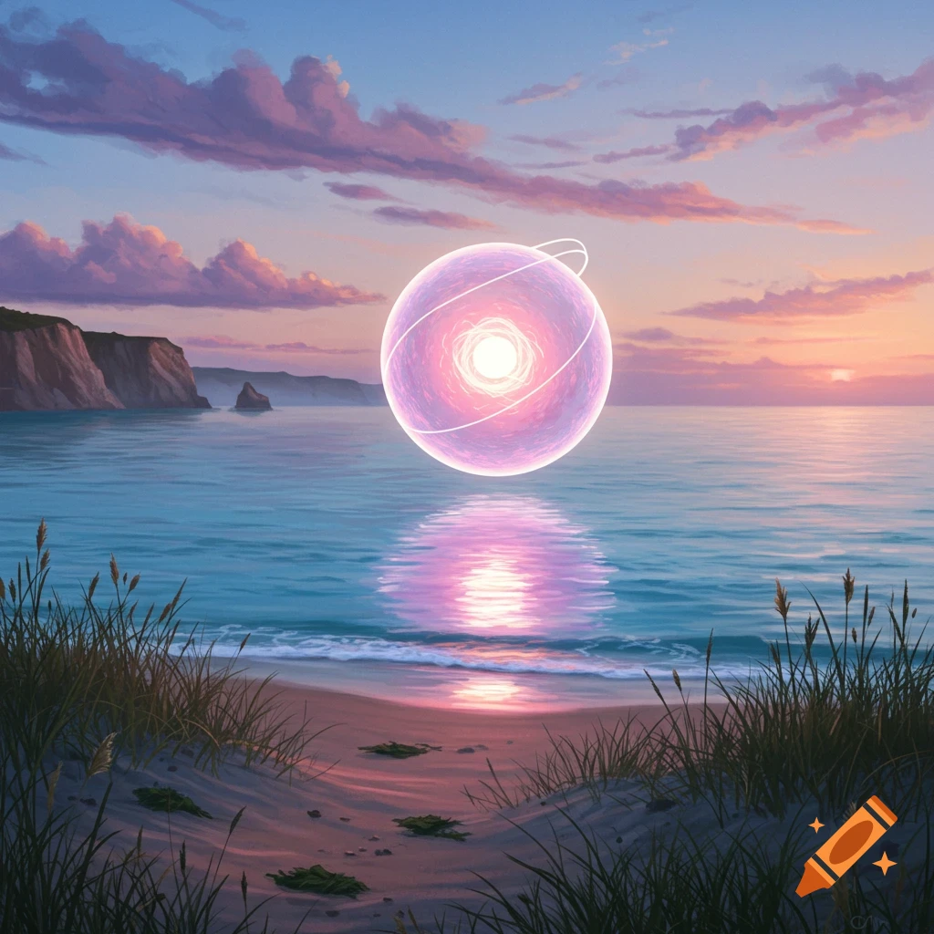 A glowing pink and white orb floats above a tranquil ocean at sunset, viewed from a sandy beach with tall grass.