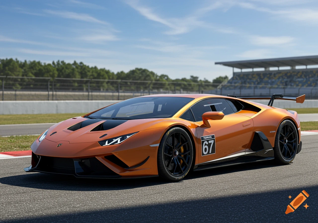 A photorealistic orange Lamborghini Revuelto race car with the number 67 on its side, parked on a racetrack.