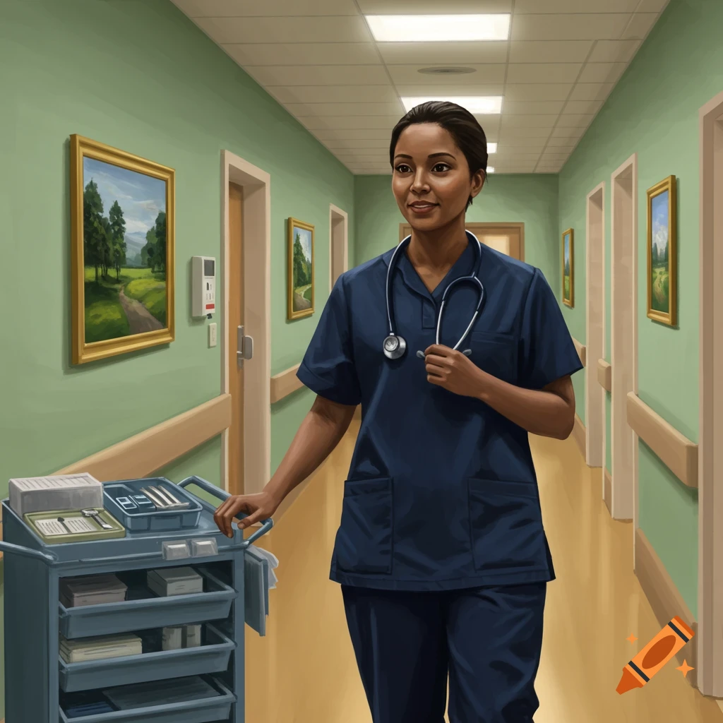 A female nurse in blue scrubs pushes a medical cart down a well-lit hospital hallway.