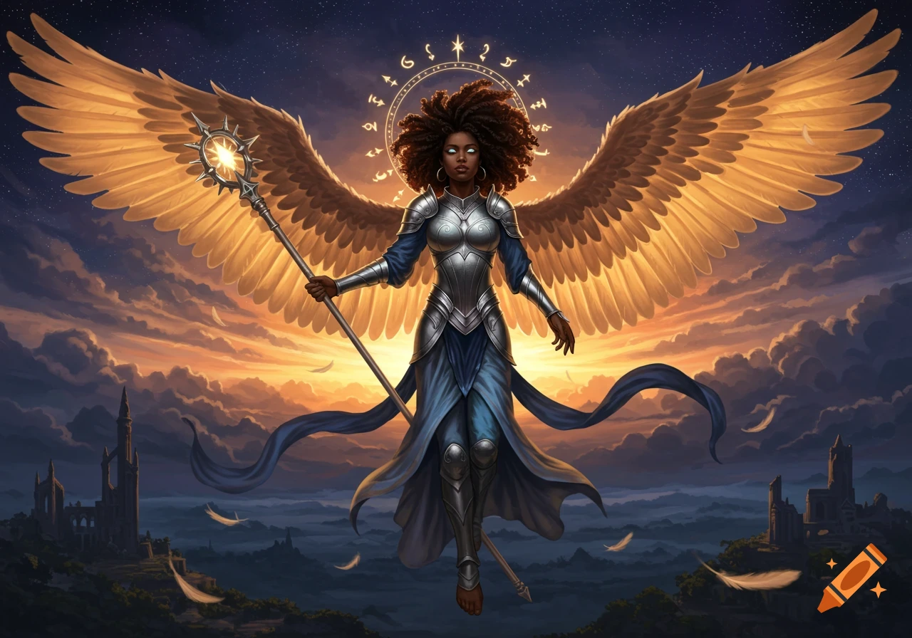 An Afro-American angel in shining silver and blue armor with large golden wings, holding a glowing staff, floats above a cloudy, sunset landscape with distant ruins.