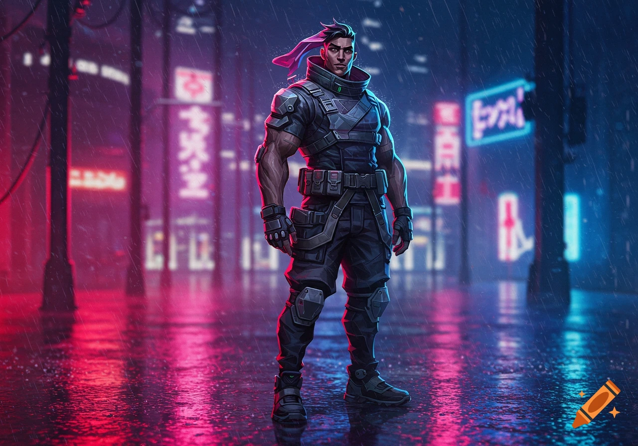 A stylized male character in tactical gear stands on a rainy street in a neon-lit cyberpunk city, with blurry signs in the background.