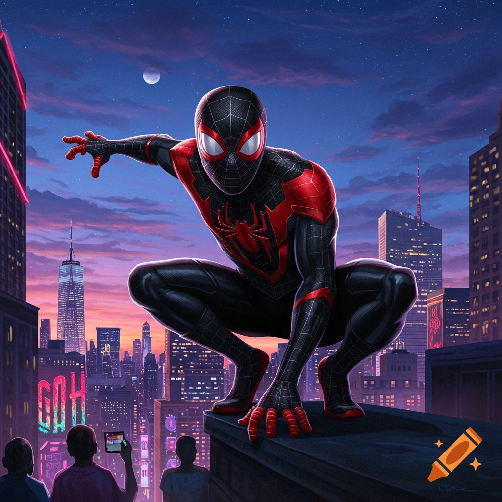 Miles Morales as Spider-Man crouching on a rooftop overlooking a vibrant city skyline at sunset.