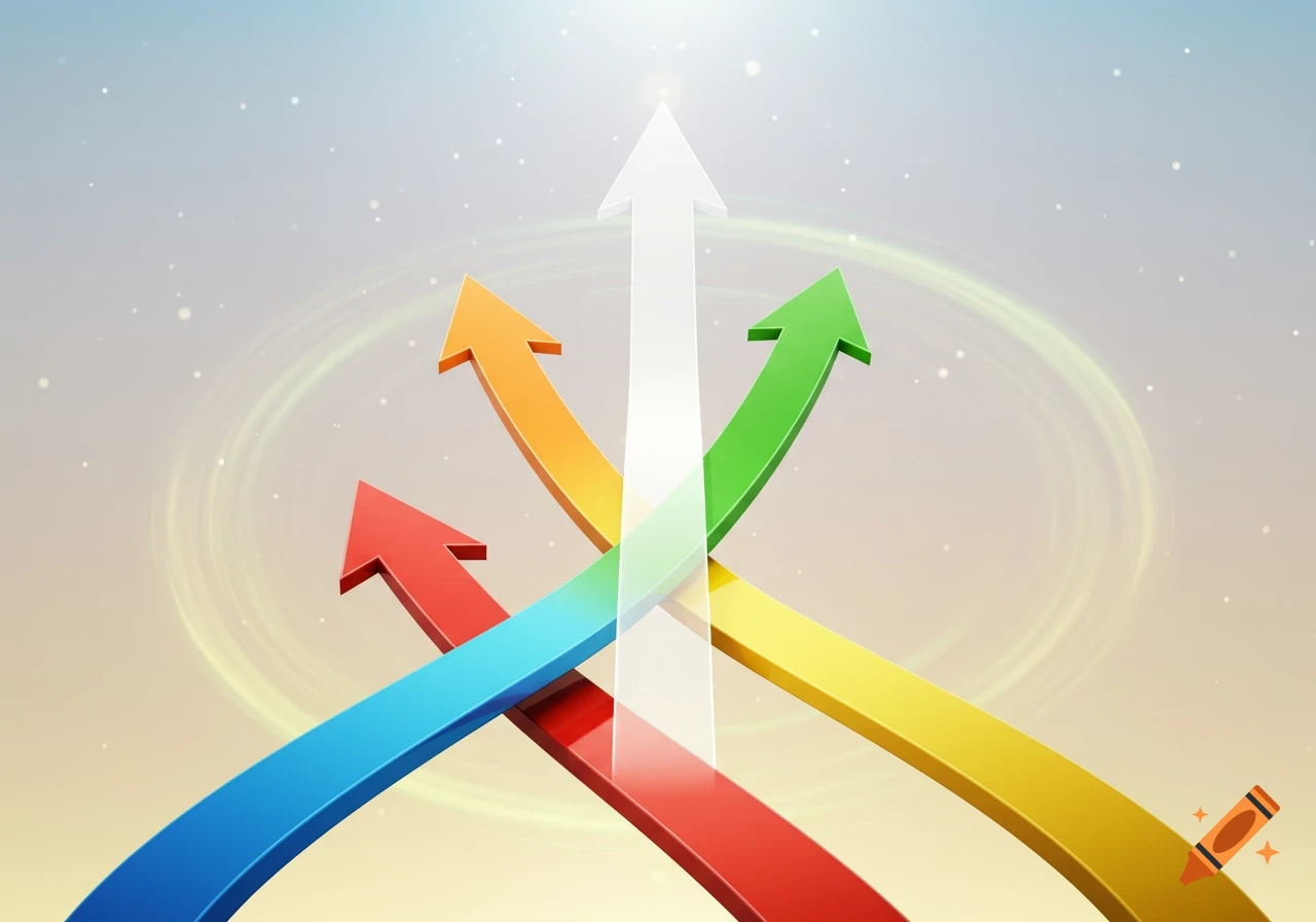 Multiple colorful arrows converge into a single white arrow pointing upwards towards a bright light.