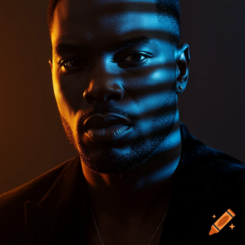 A close-up, hyper-realistic portrait of a man, lit by sharp amber and blue light beams across his face, wearing a dark velvet jacket.