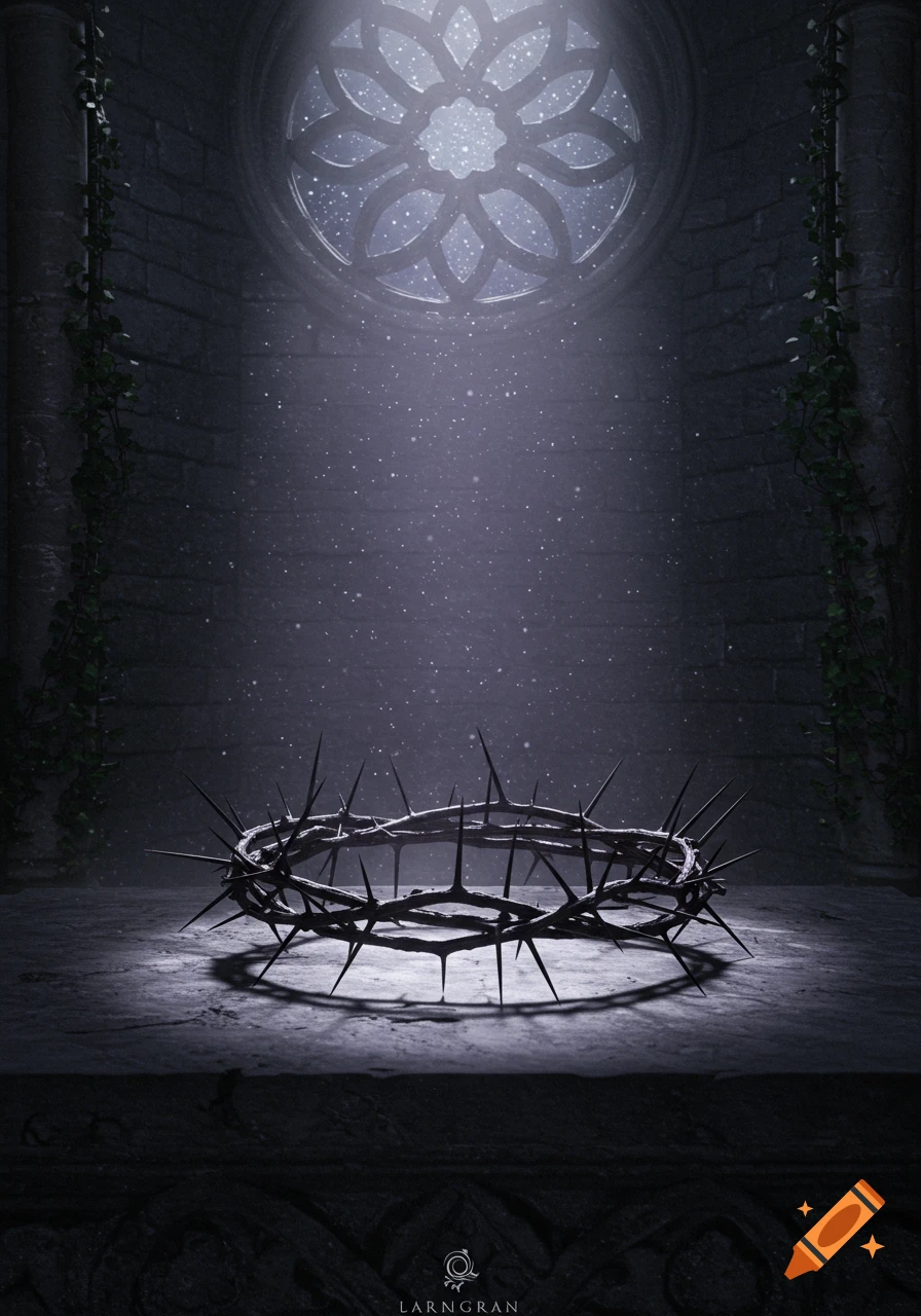 Crown of thorns on a stone surface bathed in light from a gothic rose window in a dark chamber.