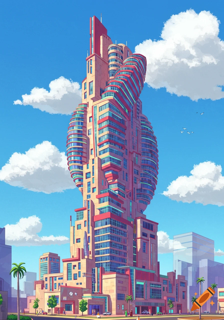 A tall, vibrant postmodern skyscraper with curved balconies and red accents under a blue sky, surrounded by other city buildings and palm trees.