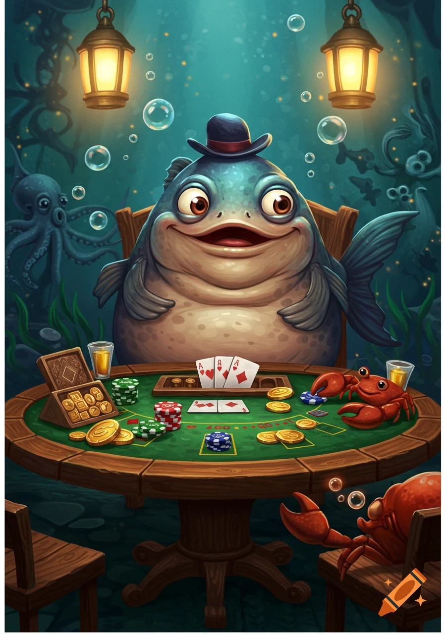 A whimsical cartoon illustration of a fat fish wearing a hat playing poker underwater with crabs and an octopus.