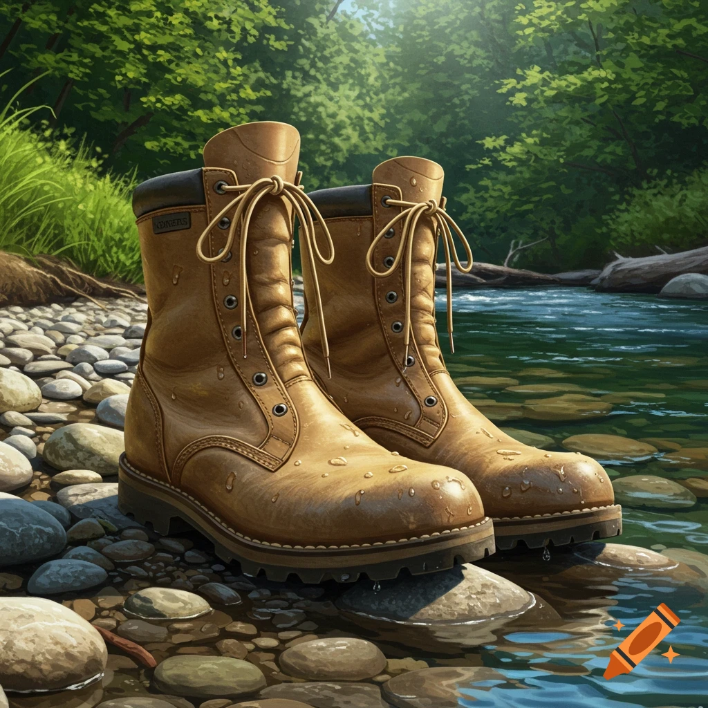 A pair of brown leather wading boots sit on rocks in a shallow, clear stream with lush green foliage in the background.