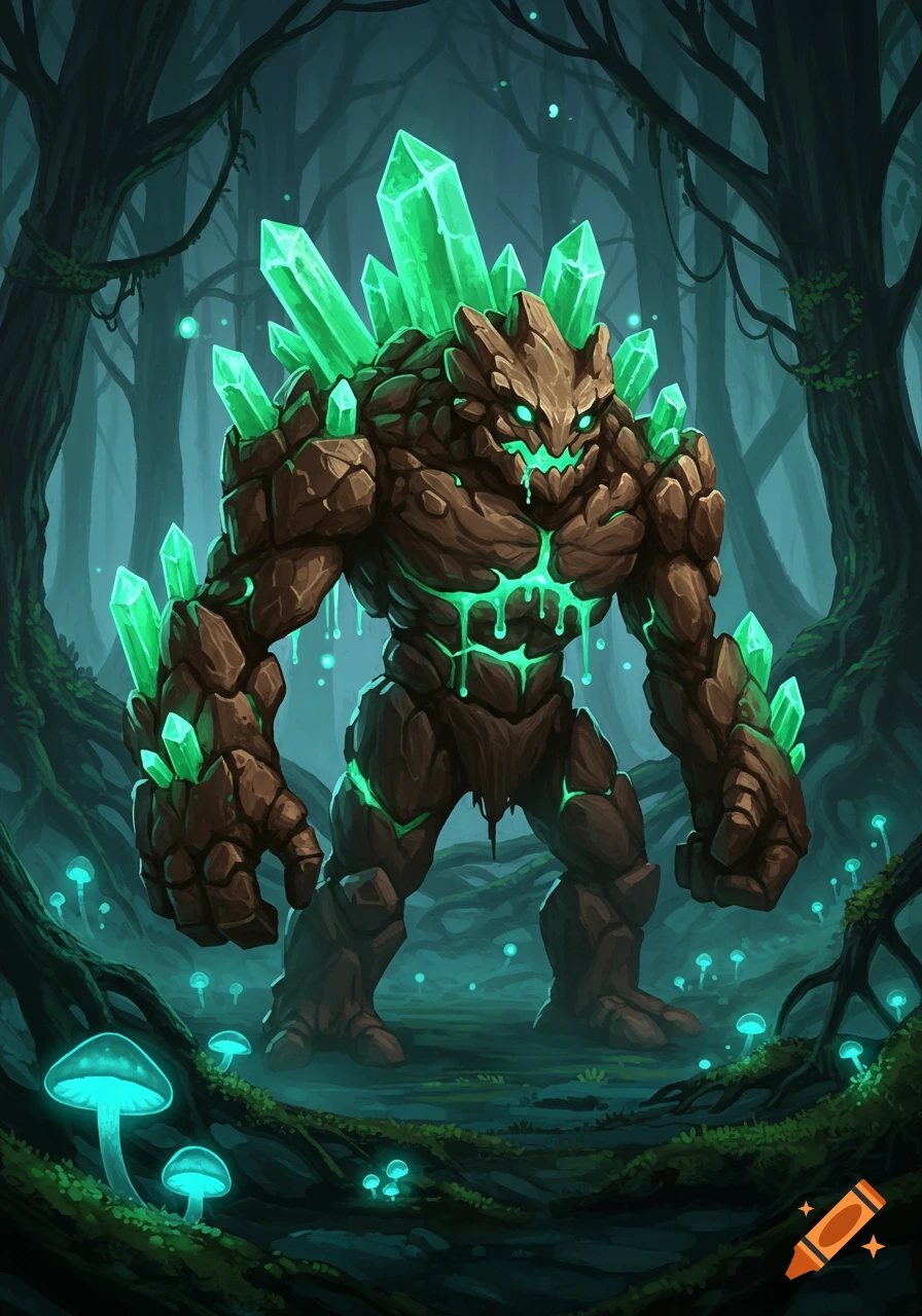 A large brown earth monster covered in glowing green crystals and dripping slime stands in a dark, misty forest with glowing blue mushrooms.
