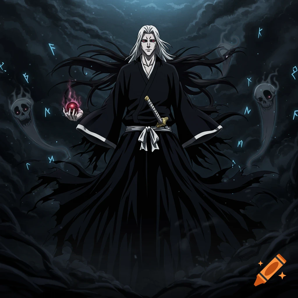 A pale-haired shinigami in black robes holds a glowing orb, surrounded by floating blue runes and ghostly skulls in a dark, stormy setting.