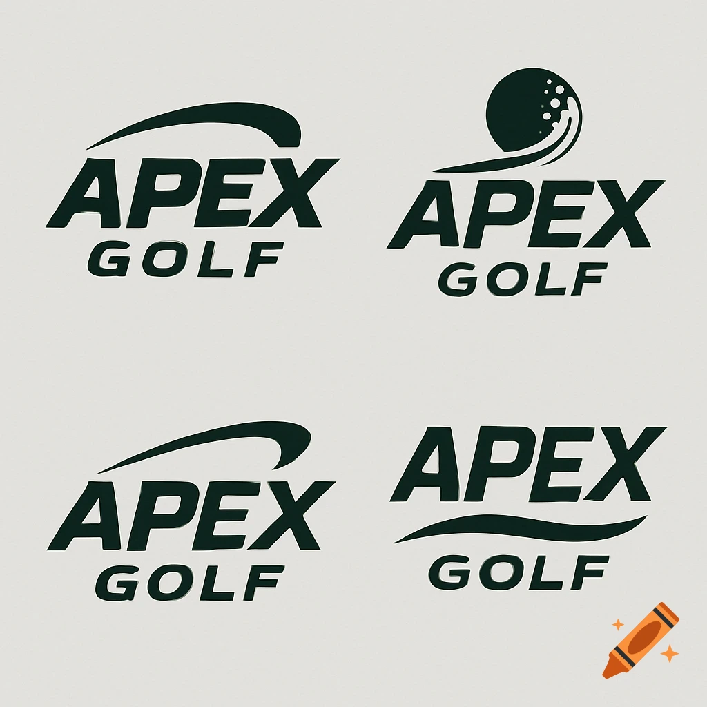 Four different black and white logo designs for Apex Golf, some with a golf ball motif.