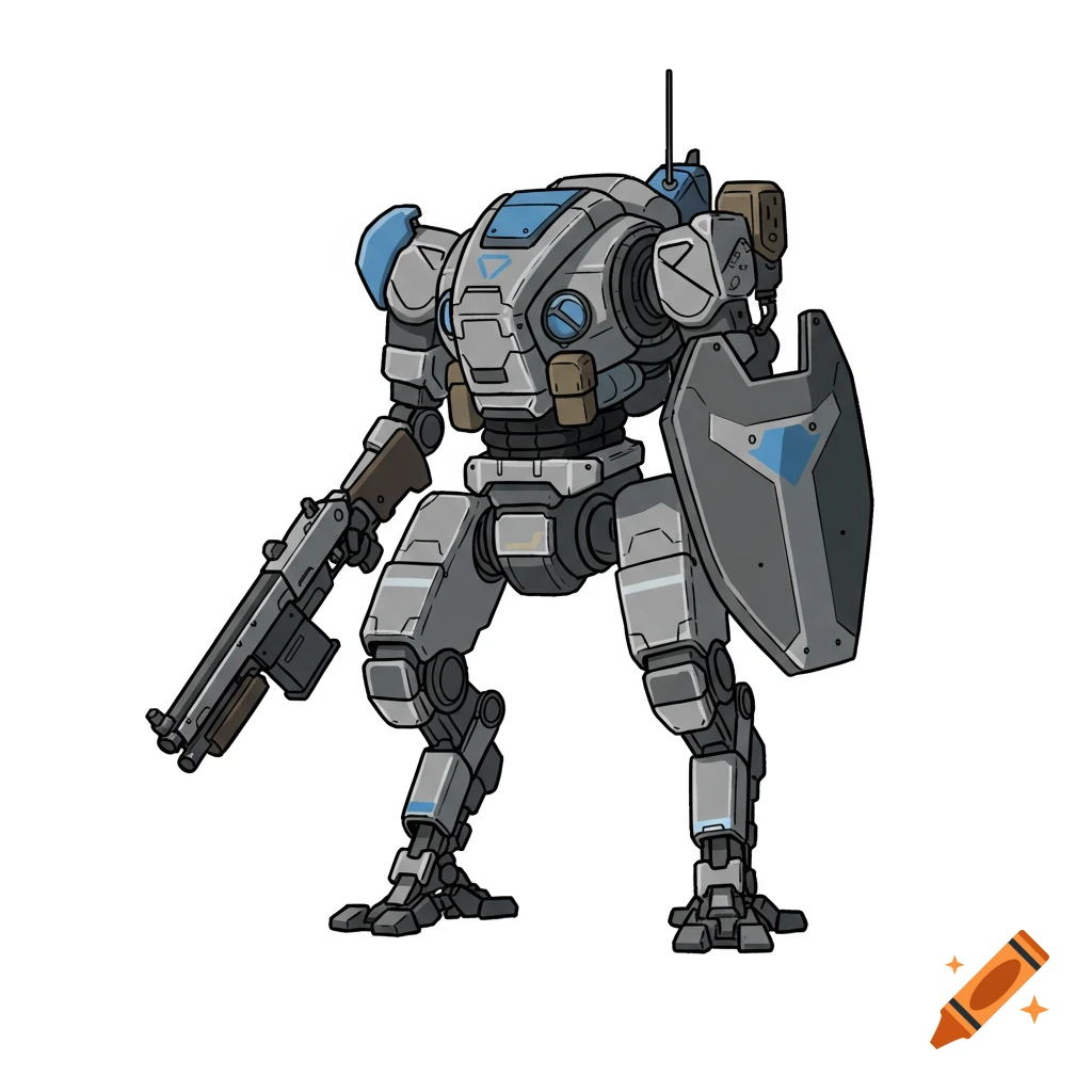 A grey and blue mech robot, armed with a shotgun and a shield, standing against a white background.