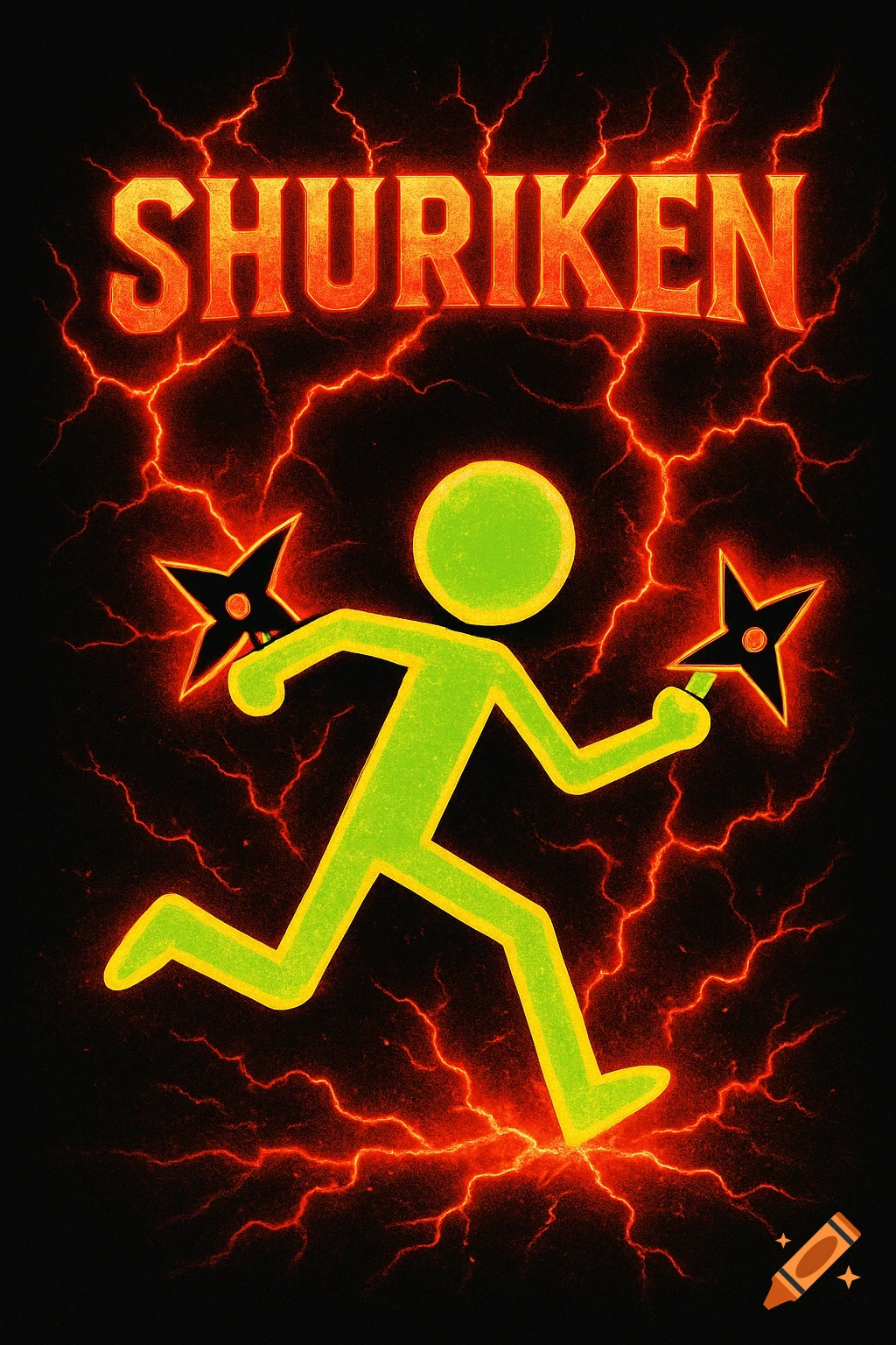 A green stickman dashes, holding two black shurikens, against a black background with red lightning. 'SHURIKEN' is at the top.
