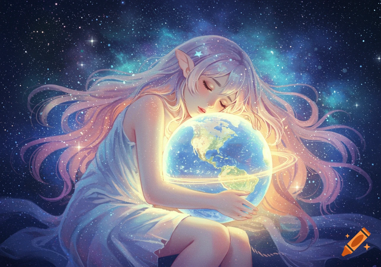 Anime girl with long purple hair, wearing a white dress, asleep and hugging a glowing Earth in a starry cosmos.