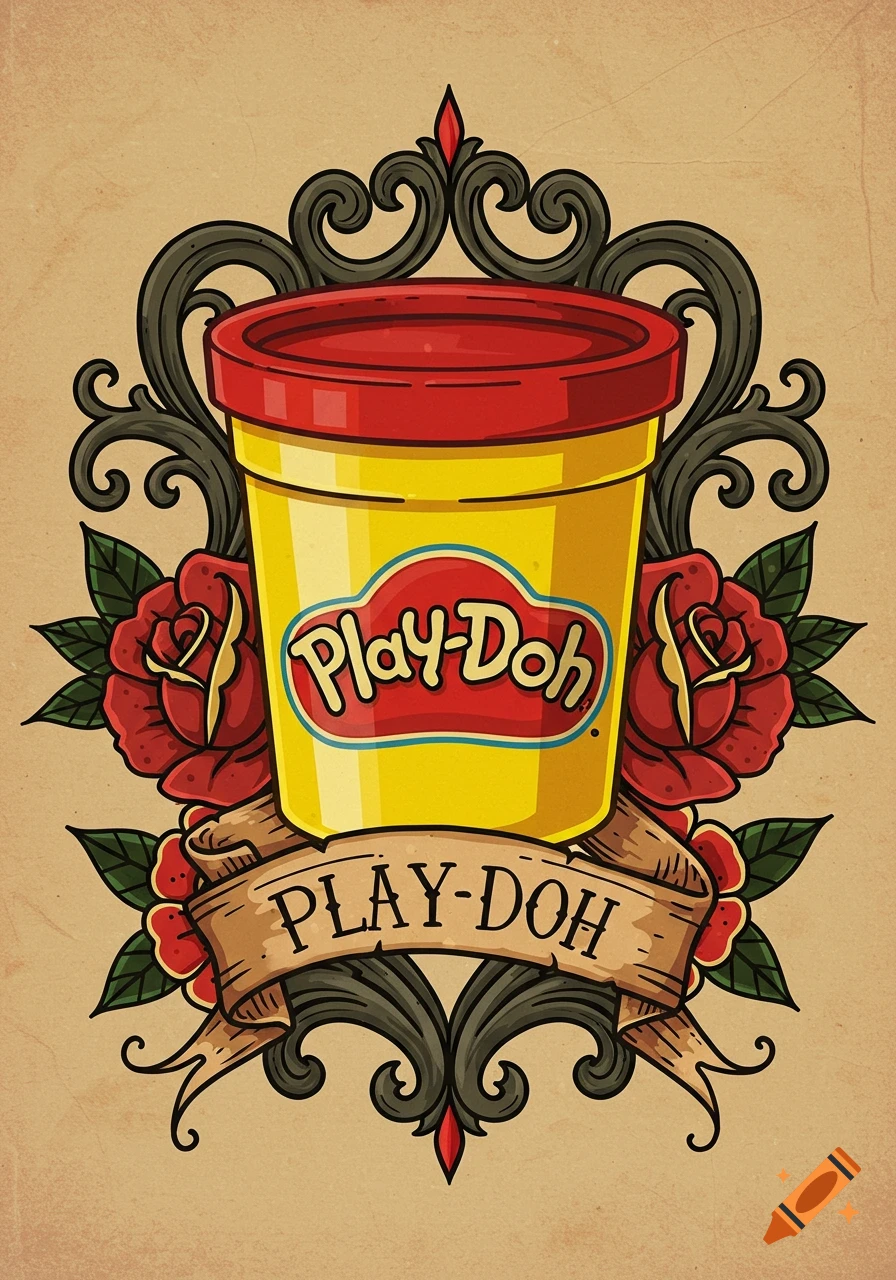 A yellow Play-Doh container depicted in a traditional tattoo style, surrounded by red roses and ornate black flourishes on a beige background.