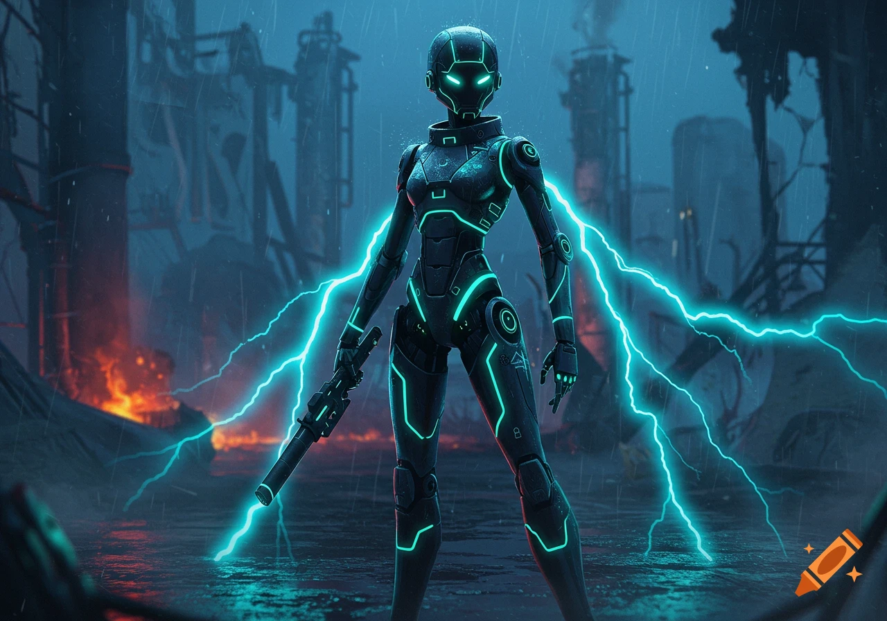 A futuristic robot in a black suit with glowing cyan lines stands holding a rifle amidst a rainy, lightning-filled, destroyed city.