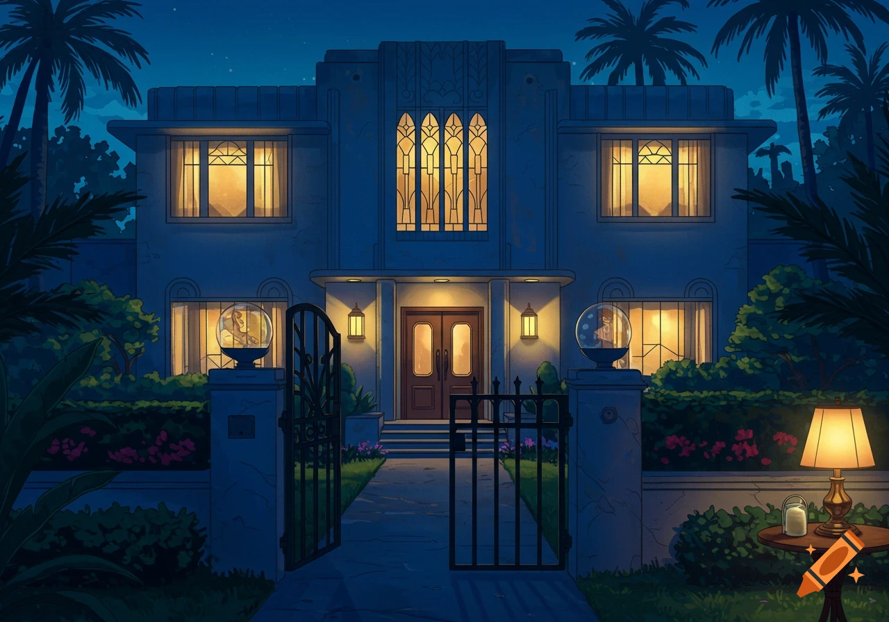 A vintage art deco house at night with glowing windows, surrounded by palm trees and lush greenery.