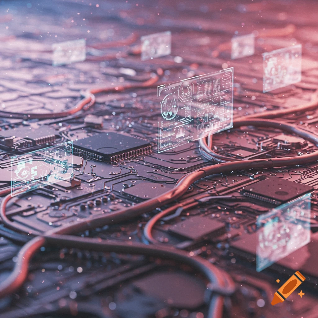 Close-up of a circuit board with microchips, wires, and glowing holographic data displays in pink, blue, and purple tones.