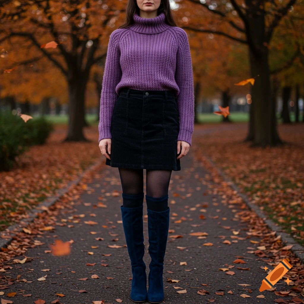 Person in purple turtleneck, black skirt, and blue boots standing on a leaf-covered path in an autumn park.