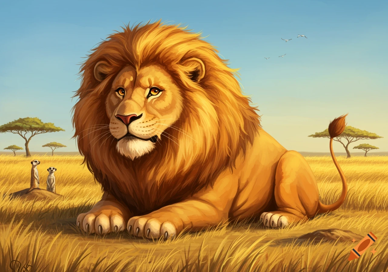 Cartoon illustration of a large lion with a bushy mane lying in a savanna with two meerkats and acacia trees.
