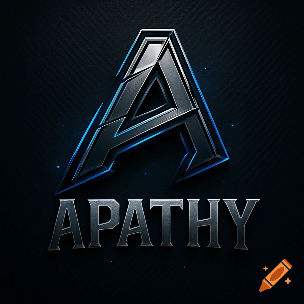 A metallic, futuristic gaming logo featuring a stylized letter 'A' above the word 'APATHY' with blue glowing accents on a dark background.