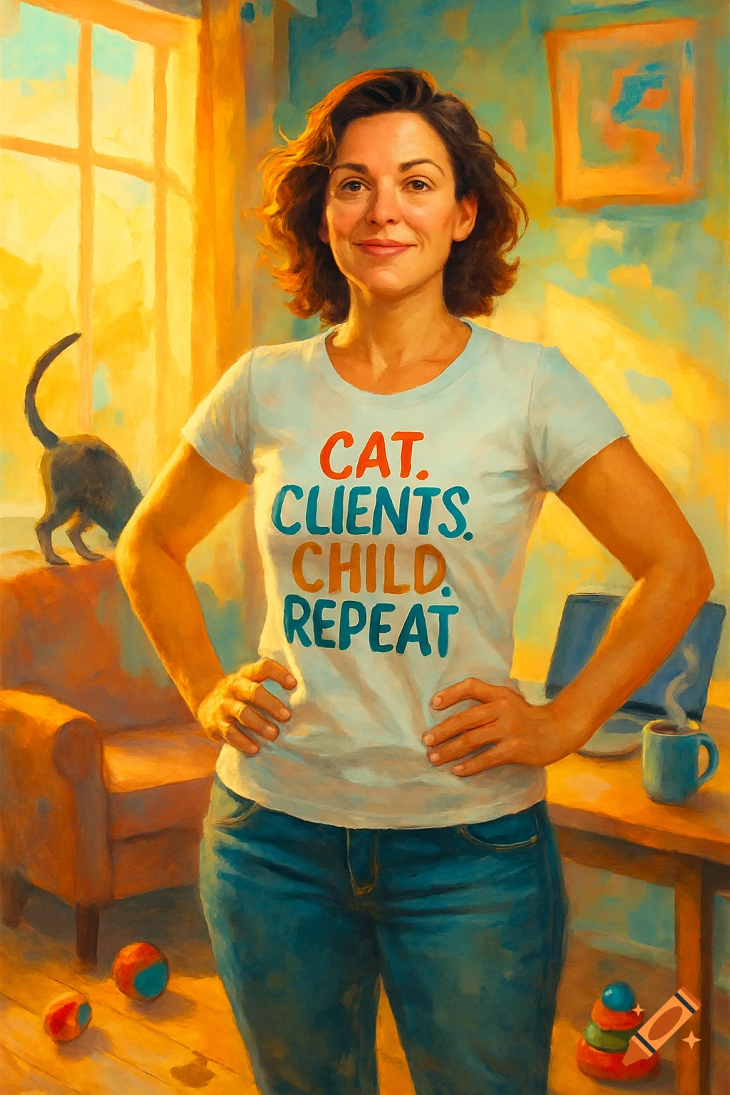 A smiling woman in a painterly style stands in a sunlit room wearing a white t-shirt that reads "CAT. CLIENTS. CHILD. REPEAT". A cat is on a couch behind her.
