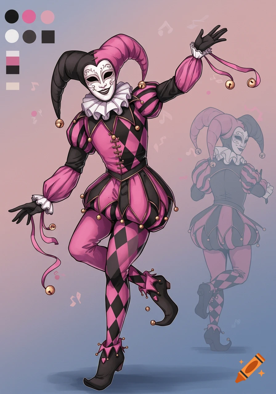 A whimsical male jester in a pink and black harlequin costume with a white mask, holding one arm up. A blurred outline of another jester figure is behind.
