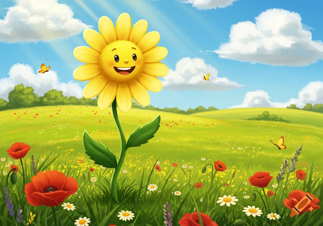 A cheerful yellow cartoon sunflower with a smiling face stands in a vibrant green field with red poppies and butterflies under a blue sky.