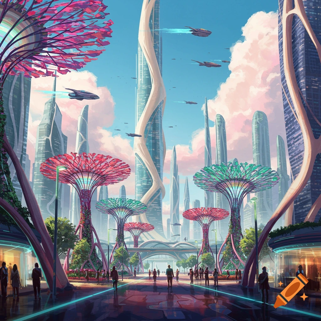A vibrant futuristic city with colorful bioluminescent trees, tall skyscrapers, and flying cars in a bright sky, digital art.