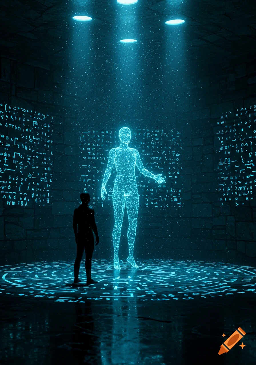 A shadowy human figure stands before a large, glowing blue holographic figure in a dark room filled with illuminated ancient symbols on the walls and floor, under bright spotlights.
