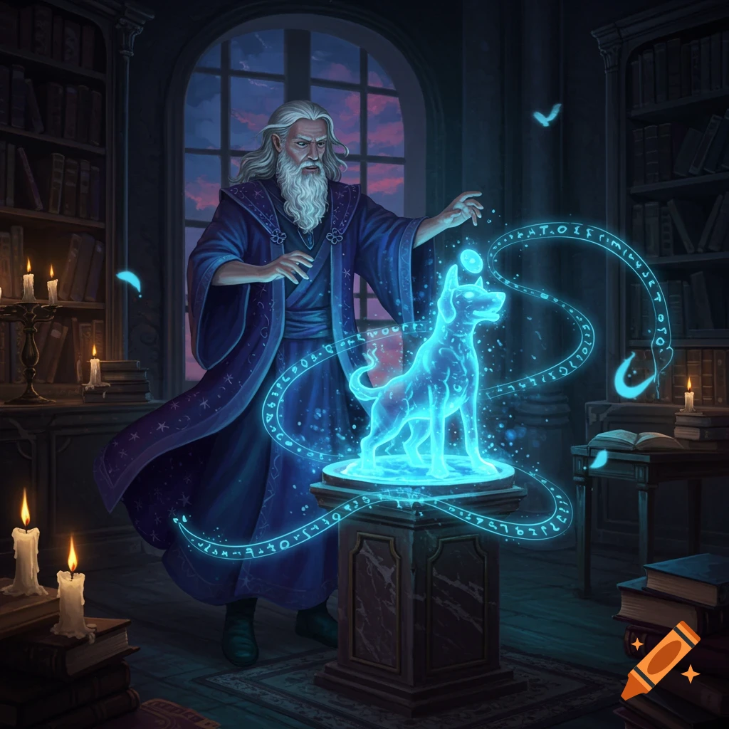 An old wizard with a long beard and purple robes casts a glowing blue spectral dog spell in a library at dusk.