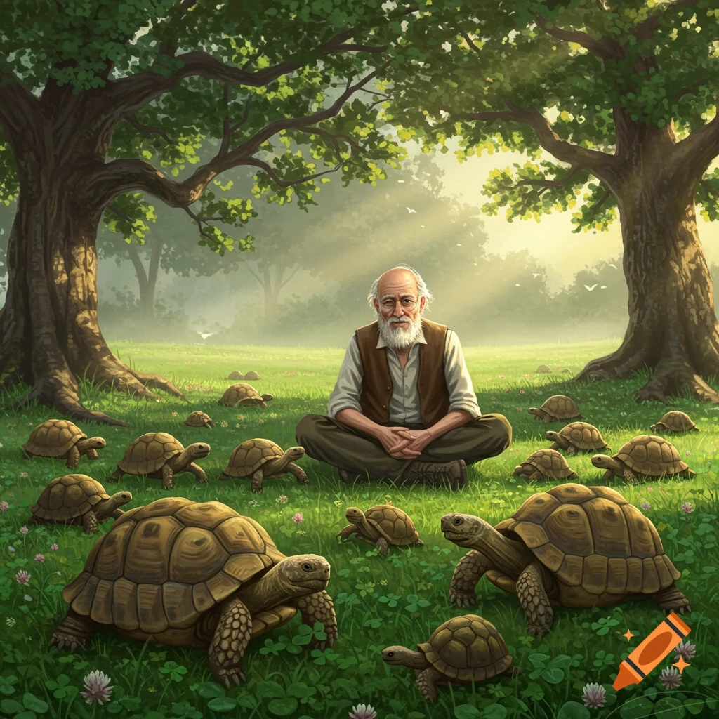 An old man with a long white beard sits cross-legged in a grassy meadow, surrounded by many tortoises and large trees.