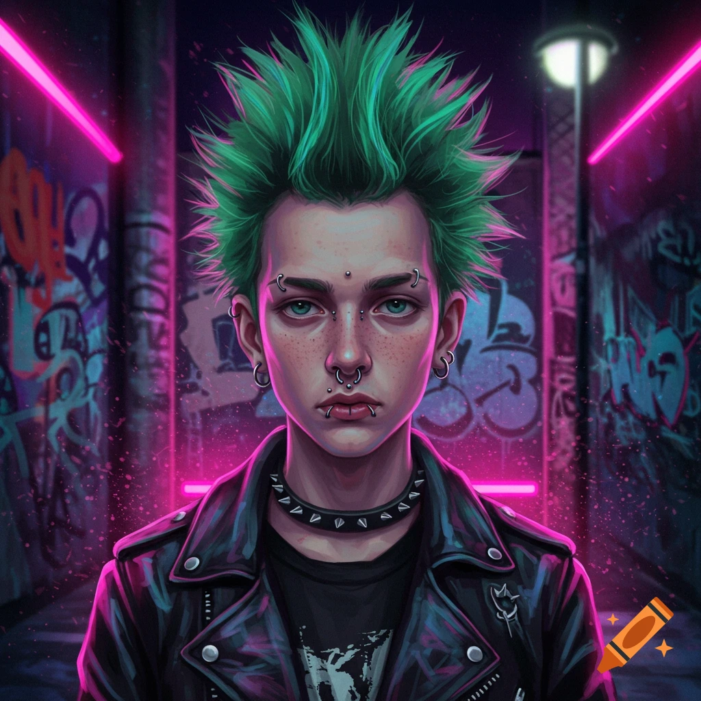 Stylized portrait of a punk person with green spiked hair and facial piercings, wearing a leather jacket in a neon-lit alley.