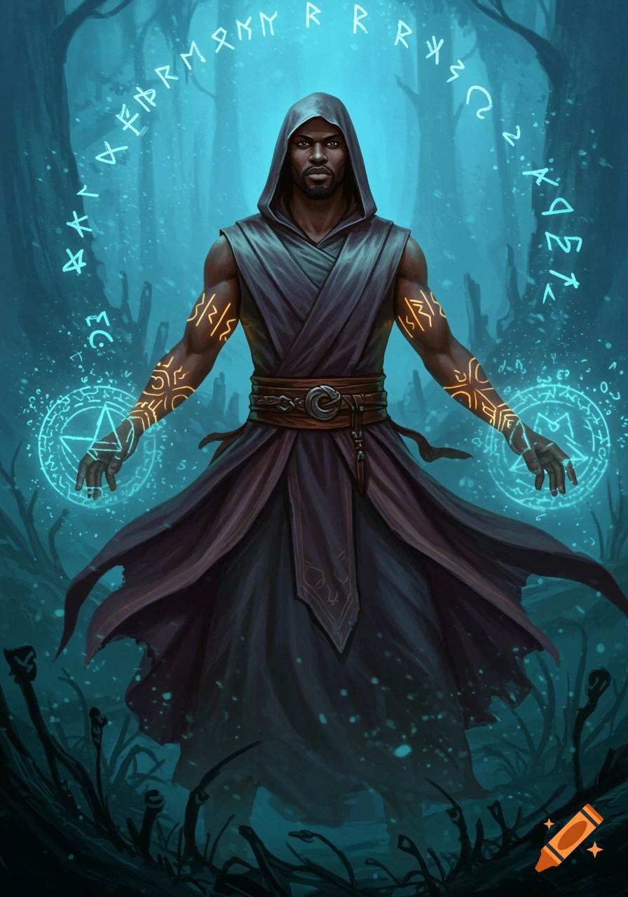 A black warlock in a dark hooded robe stands in a forest, casting a spell with glowing runes and magical energy.
