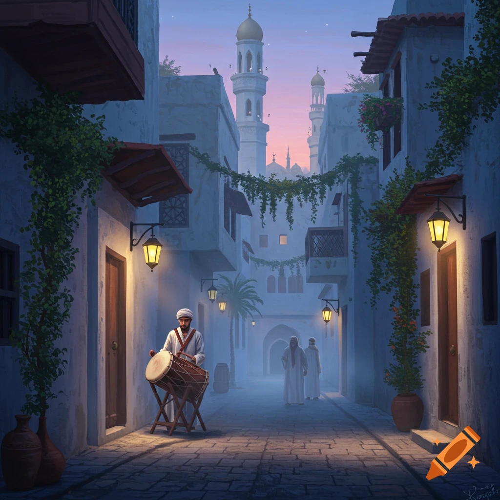 A man plays a drum in a traditional Middle Eastern street at dawn with mosques and lanterns.