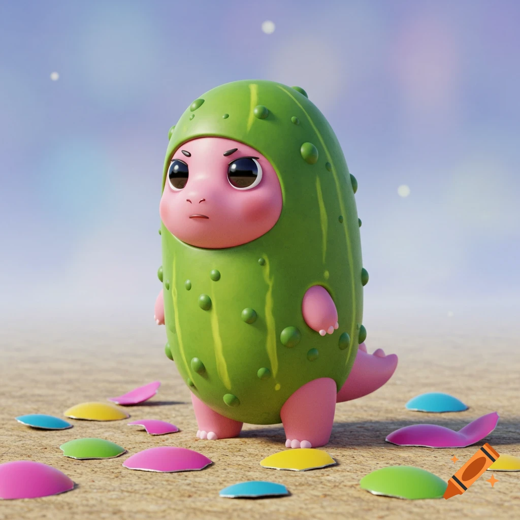 Chibi pink dinosaur in a pickle costume looking annoyed, standing among popped balloon pieces on a sandy ground under a blue sky.
