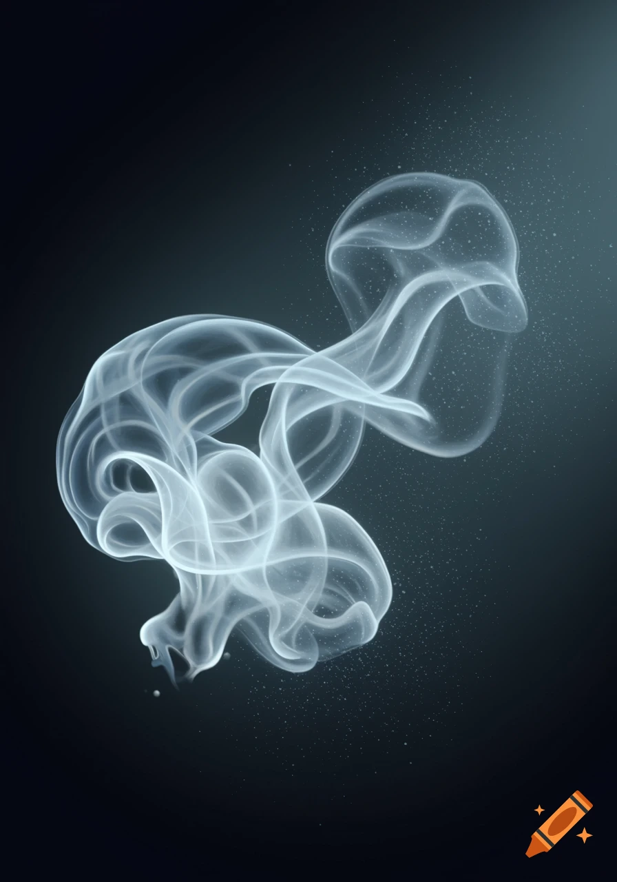 Swirling white smoke with glowing particles on a dark background.