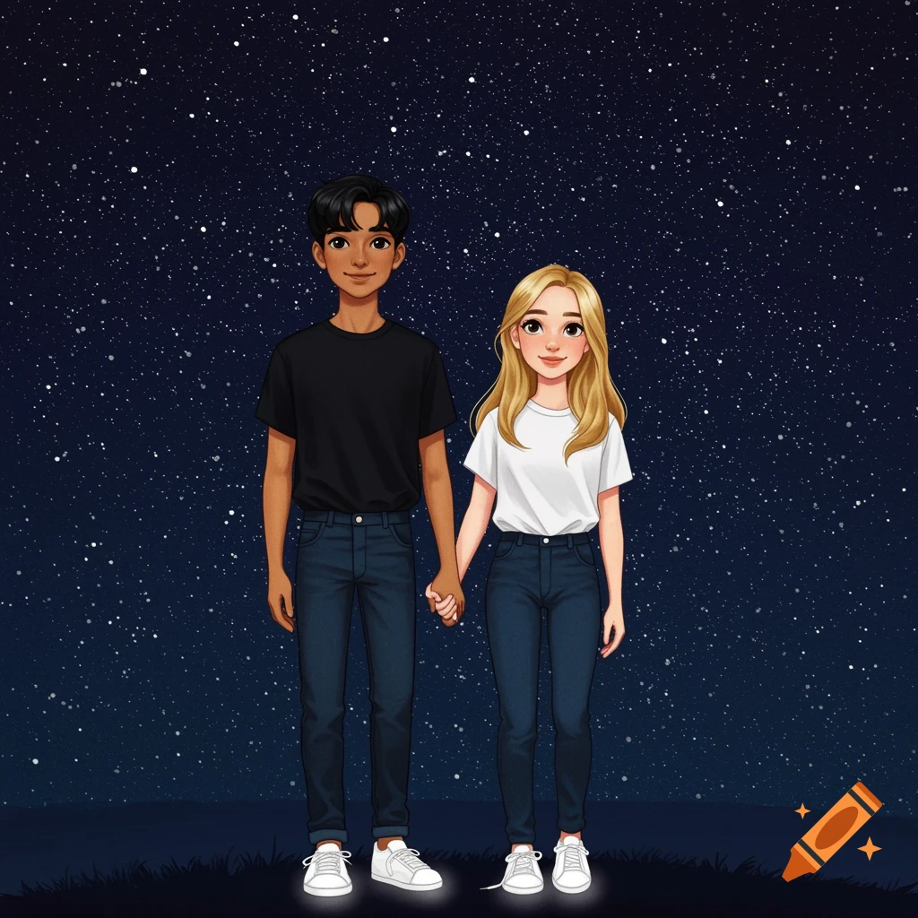 Cartoon couple holding hands under a starry night sky.