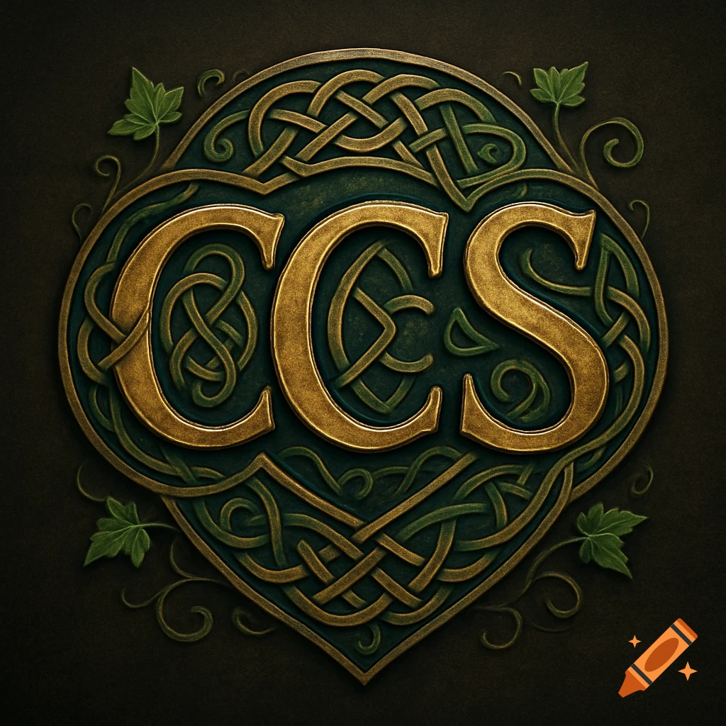 A gold metallic CCS logo with intricate green Celtic knotwork and leaves on a dark background.